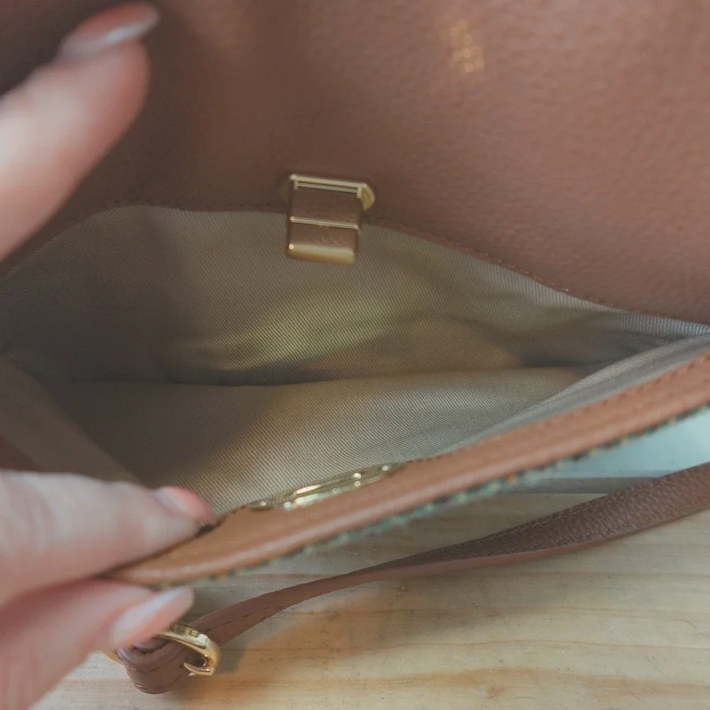 Vintage Talbots Crossbody‎ Purse Tan Leather Wool Plaid Adjustable Strap Bag